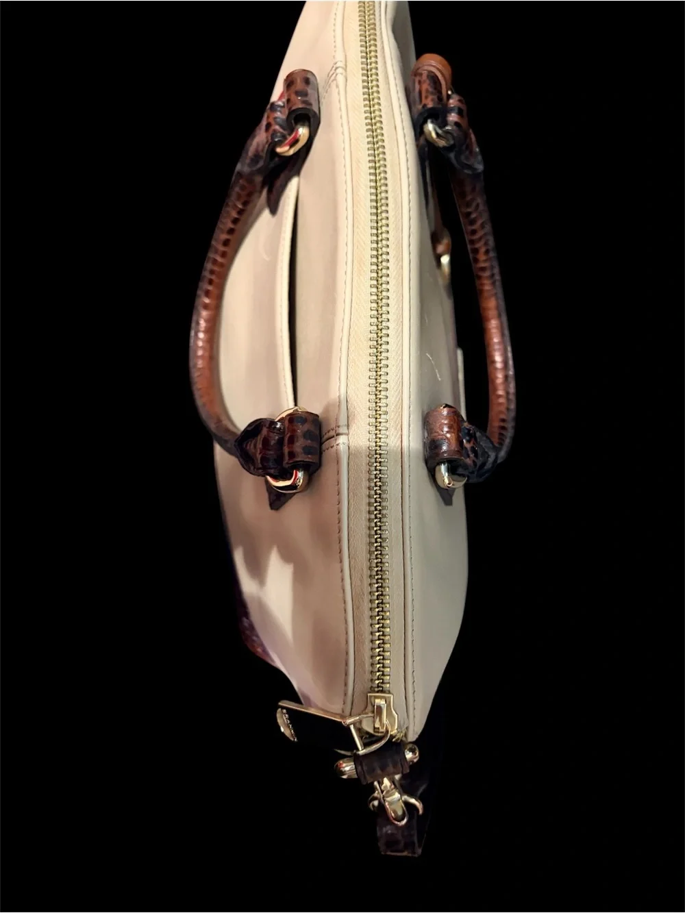 Brahmin Cream and Brown Croc-Trim Leather Satchel with Shoulder Strap